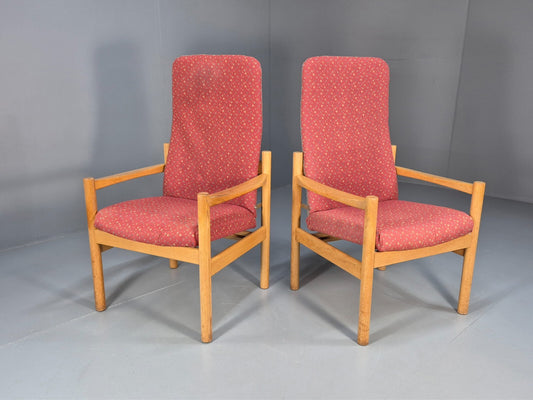 2 Vintage Danish High Back Armchairs Pink and Grey Oak Frame MCM EB9370 MNOR - UKDK FURNITURE