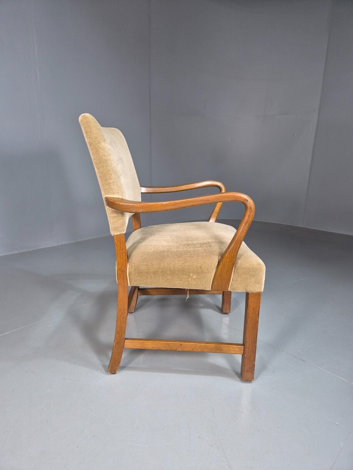 Vintage Danish Oak And Light Green Velour Elbow Chair EB8010 VDIN - UKDK FURNITURE