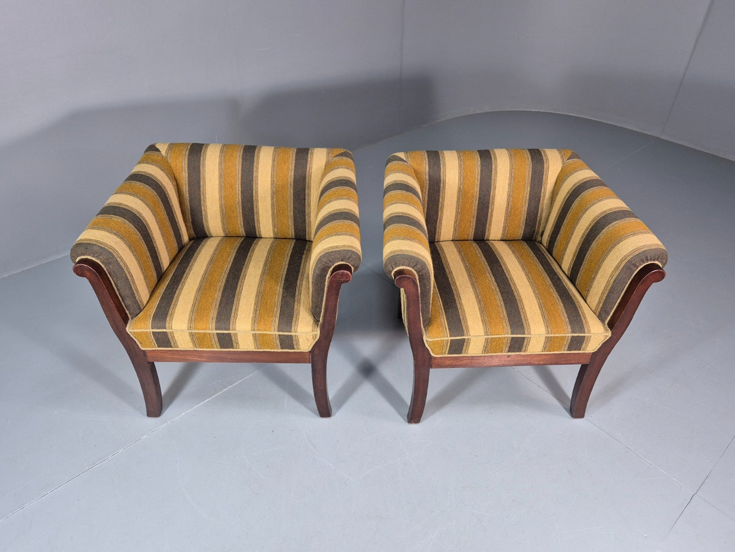 2 Art Deco Danish Lounge Chair Mahogany Frame 3 Green Stripe 1940s EB10748 VCLO2