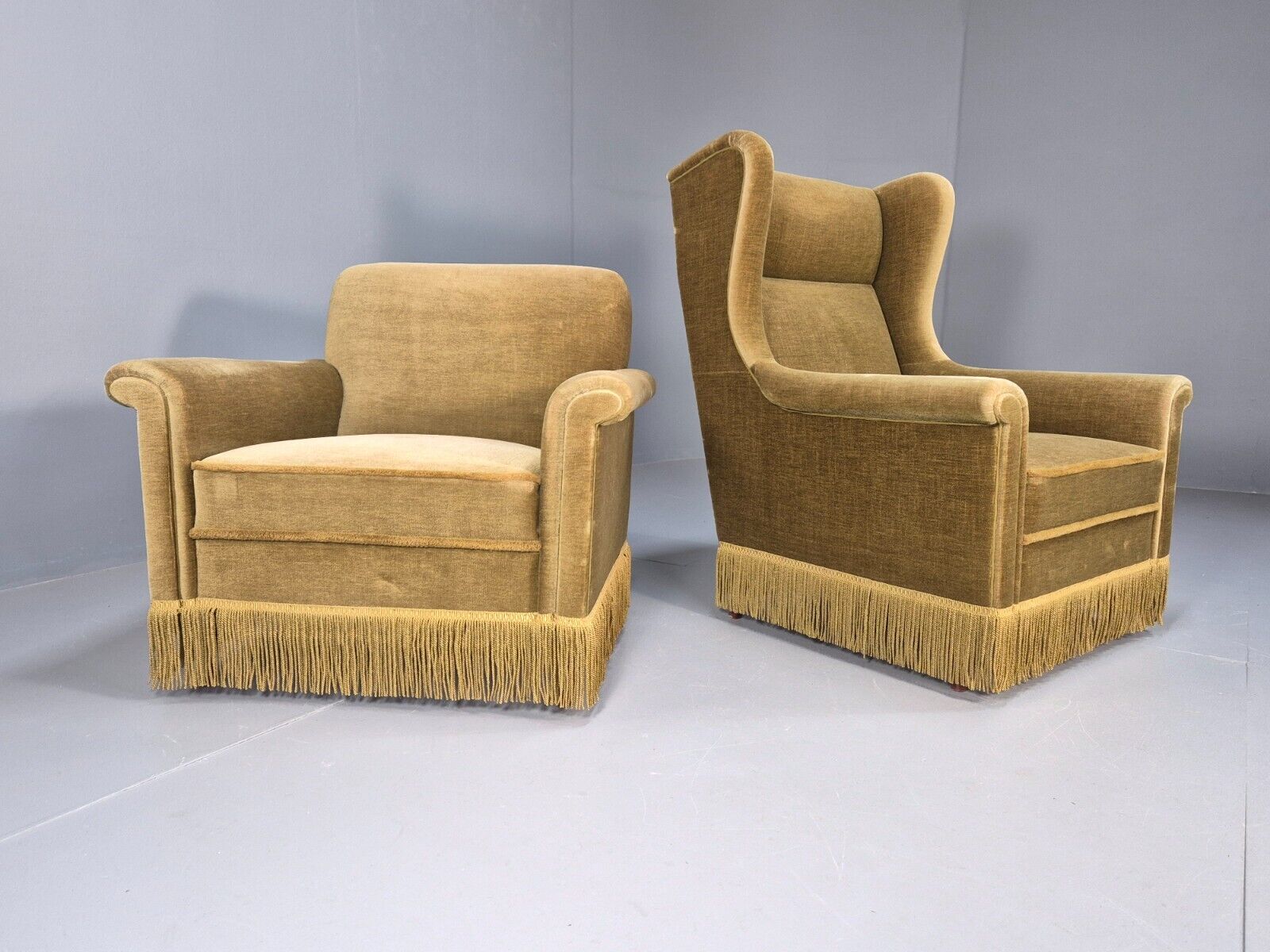 2 High and Low Back Danish Midcentury Chairs Green Velour Tassels EB8968 MNOR - UKDK FURNITURE