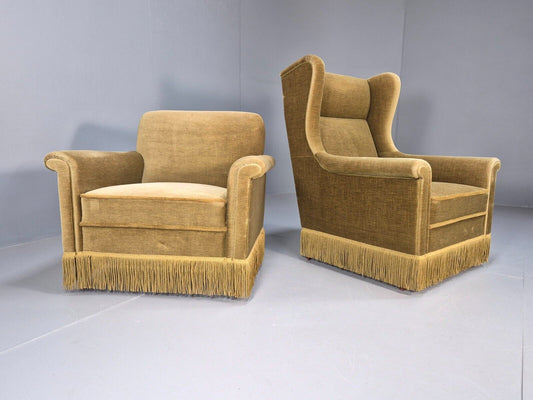 2 High and Low Back Danish Midcentury Chairs Green Velour Tassels EB8968 MNOR - UKDK FURNITURE