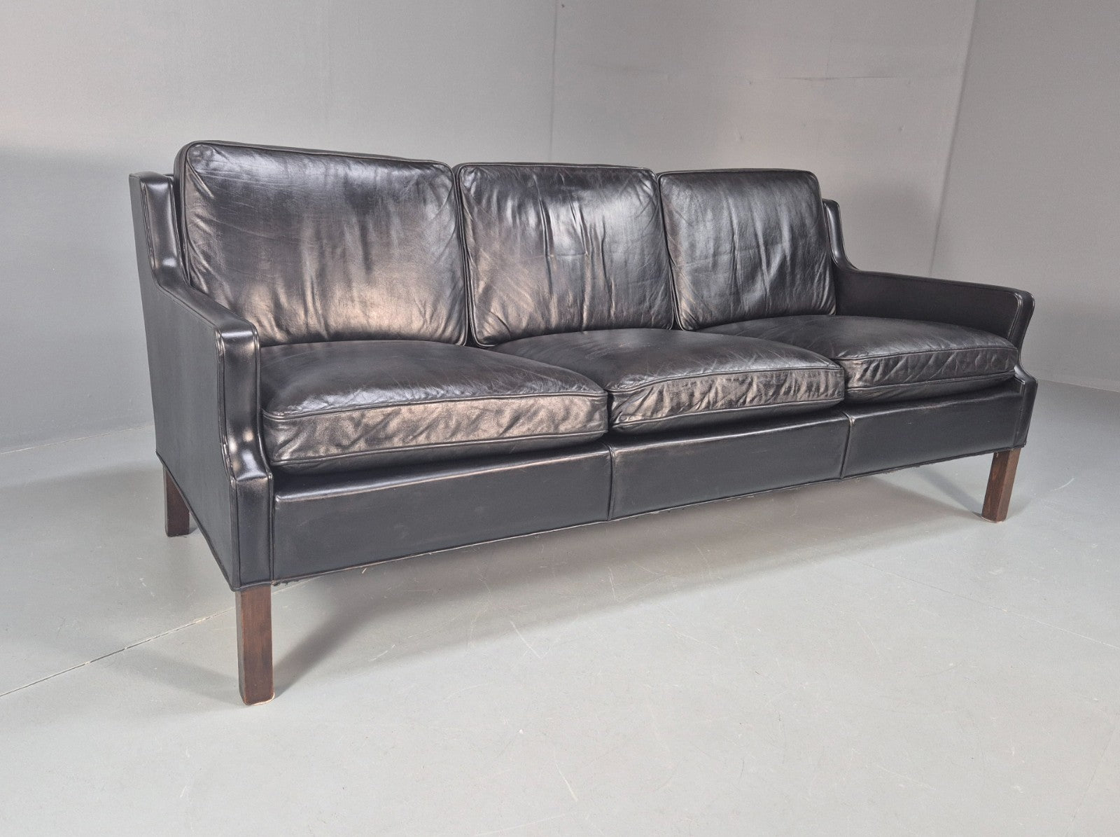Vintage Three Seat Sofa Black Leather Danish 1960s Mid Century EB10208 M3SS0