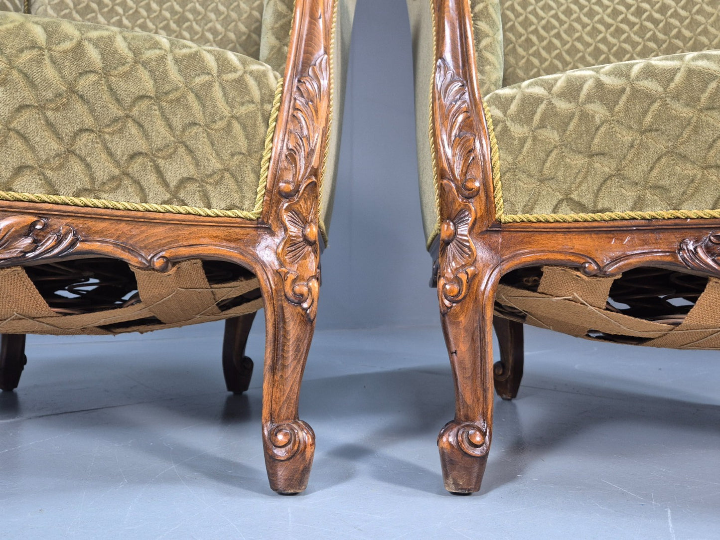 2 Antique Tub Chairs Oak Carved Frame Green Patterned Velvet 1920s EB10741 VCAR3