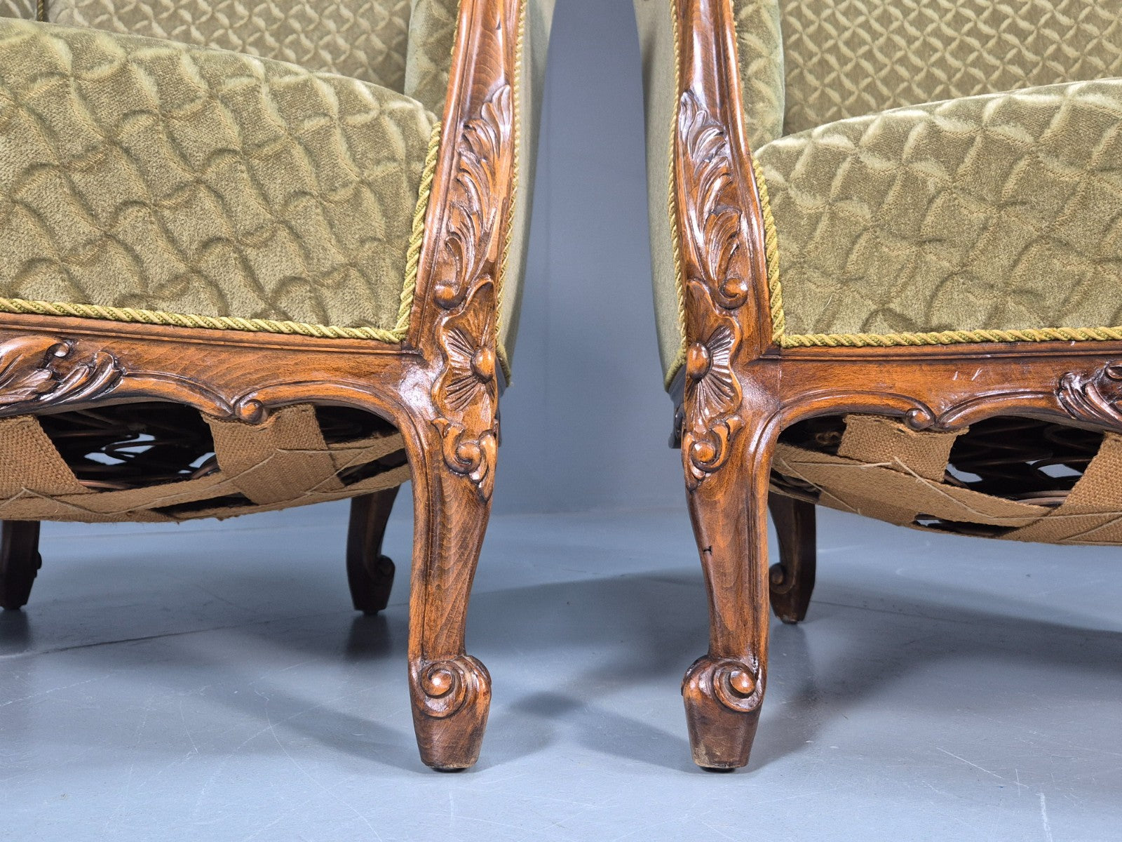 2 Antique Tub Chairs Oak Carved Frame Green Patterned Velvet 1920s EB10741 VCAR3