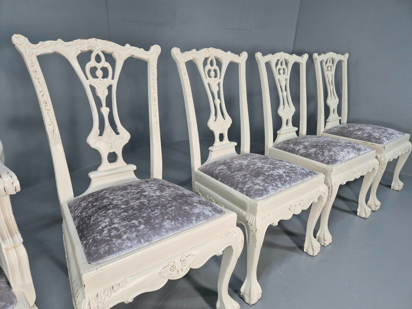 6 Vintage Chippendale Style Chairs White Painted Blue Chenille 1950s EB9394 VDIN - UKDK FURNITURE