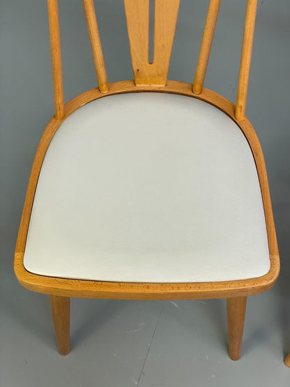 Mid Century Beech Dining Chairs Pair Off White Vinyl 1960s EB9779 MDIN - UKDK FURNITURE