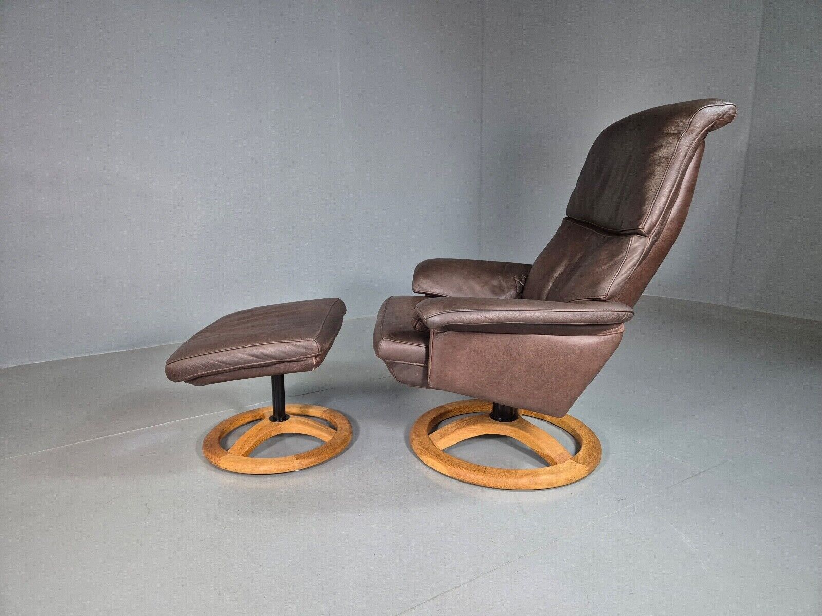 Vintage Danish Swivel Lounge Chair Footstool Brown Leather Retro EB7507 MSWI - UKDK FURNITURE