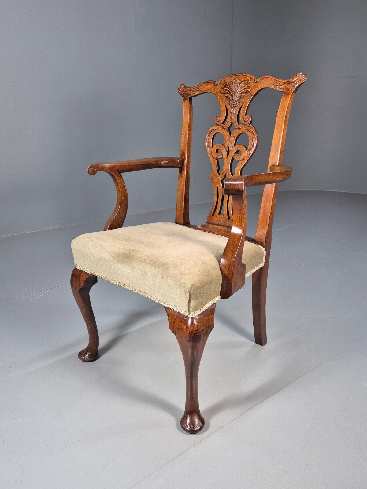 Antique Georgian Style Elbow Chair Mahogany Pad Feet Green Seat EB9387 VDIN - UKDK FURNITURE