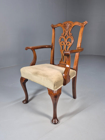 Antique Georgian Style Elbow Chair Mahogany Pad Feet Green Seat EB9387 VDIN - UKDK FURNITURE