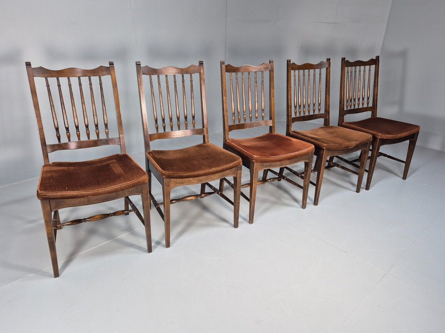 5 Vintage Dining Chairs Brown Velour Mahogany Stag 1970s Retro EB9148 VDIN - UKDK FURNITURE