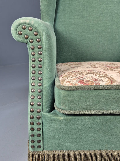 Vintage Danish Wingback Lounge Chair Green and Cream Floral Tassels EB9610 VCLO - UKDK FURNITURE