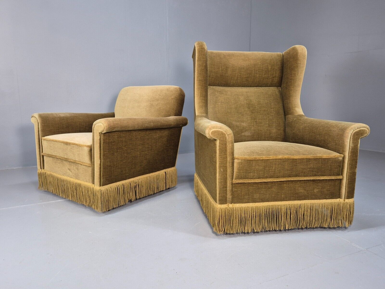 2 High and Low Back Danish Midcentury Chairs Green Velour Tassels EB8968 MNOR - UKDK FURNITURE