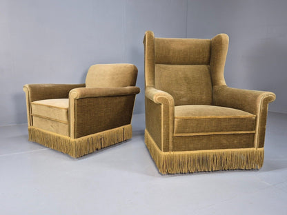 2 High and Low Back Danish Midcentury Chairs Green Velour Tassels EB8968 MNOR - UKDK FURNITURE