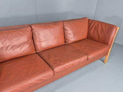 Vintage Stouby 3 Seat Sofa Reddy Brown Leather Beech Wood Slat EndsEB10525 M3SS3