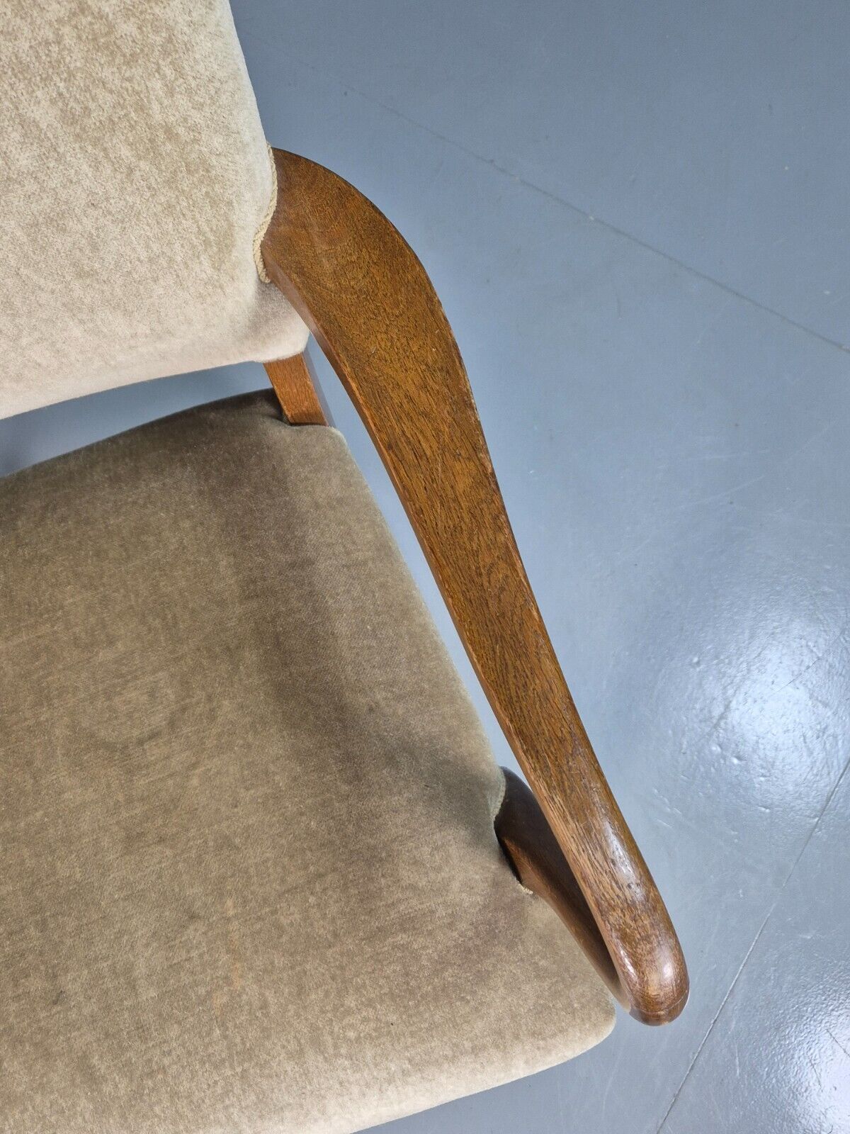 Vintage Danish Oak And Light Green Velour Elbow Chair EB8010 VDIN - UKDK FURNITURE