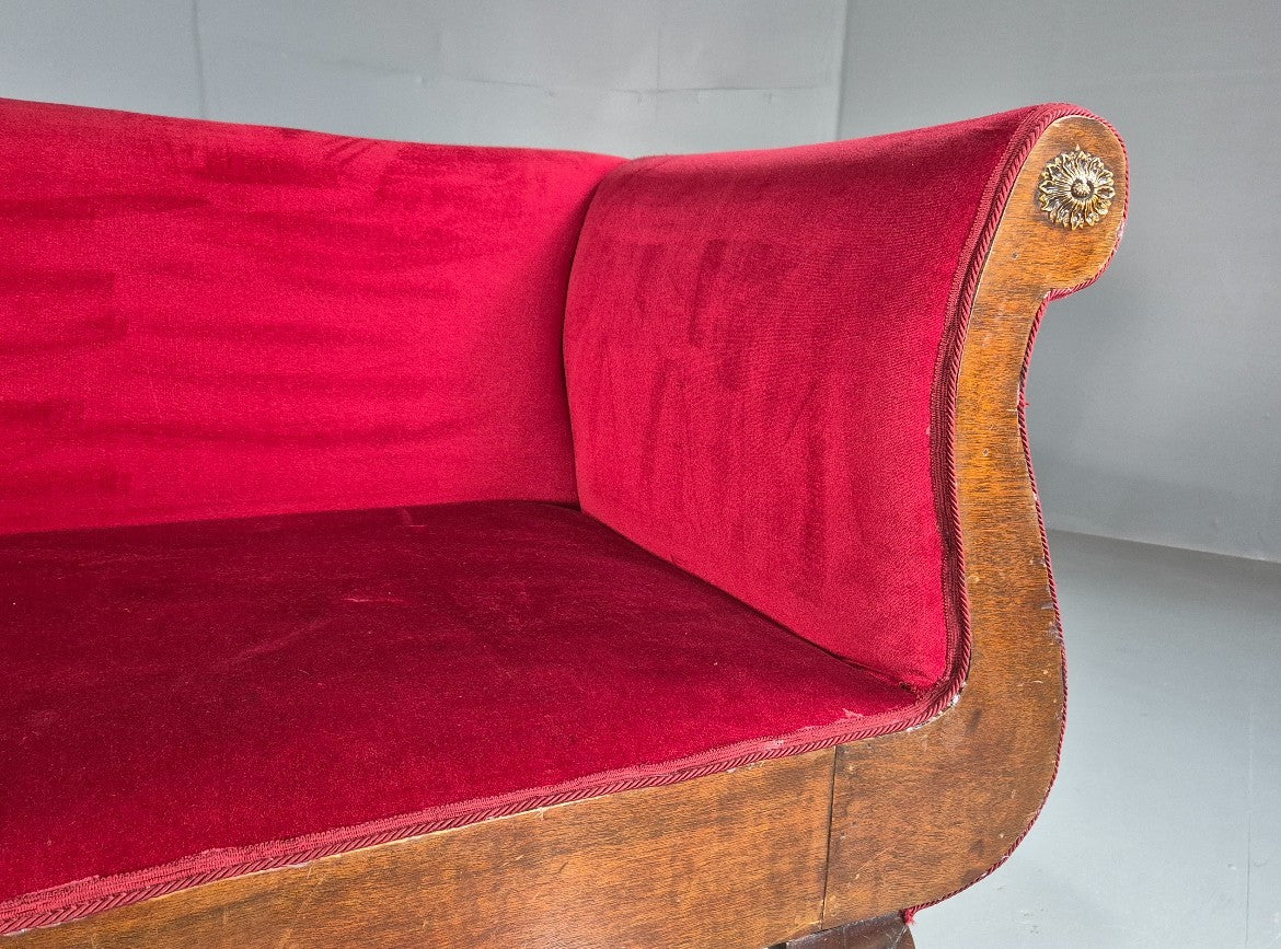 Vintage Antique Scroll End Settee Ball Claw Feet Red Velour 1900s EB7920 V2SS6