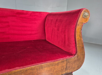 Vintage Antique Scroll End Settee Ball Claw Feet Red Velour 1900s EB7920 V2SS6