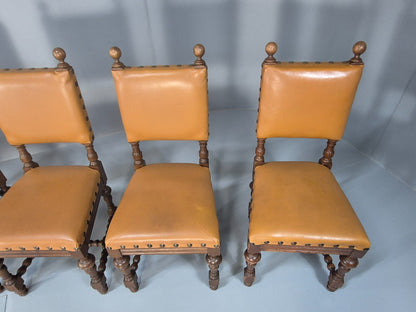 6 Vintage Danish Baroque Style Dining Chairs Oak and Tan Leather EB9649 VDIN - UKDK FURNITURE