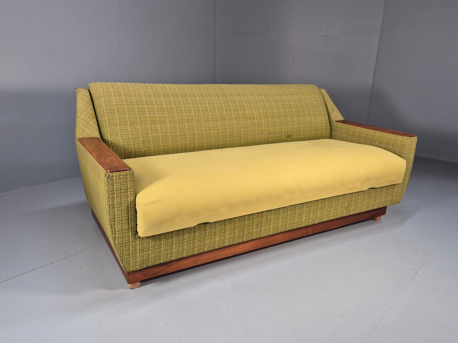 Vintage Danish 2 Seat Sofa Green Wool Teak Arms Retro MCM EB8900 M2SS - UKDK FURNITURE