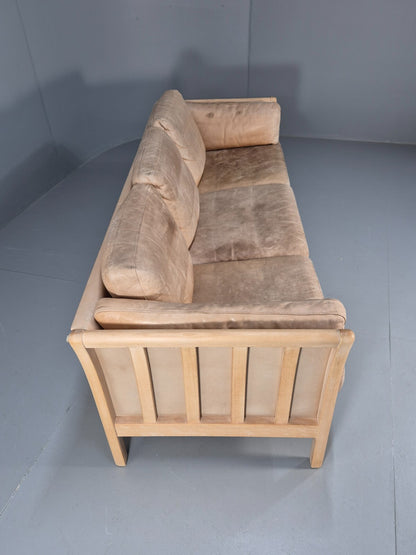 Vintage danish Tan Leather 3 Seat Sofa Wooden Ends Mogens Hansen MCM EB9083 M3SS - UKDK FURNITURE