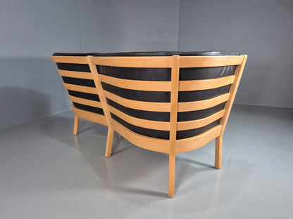 Vintage Danish 2 Seat Sofa Black Leather Beech Stouby Retro MCM EB7447 M2SS - UKDK FURNITURE