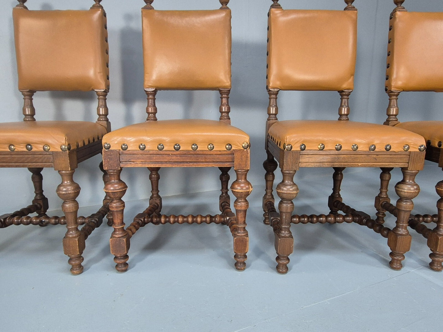 6 Vintage Danish Baroque Style Dining Chairs Oak and Tan Leather EB9649 VDIN - UKDK FURNITURE