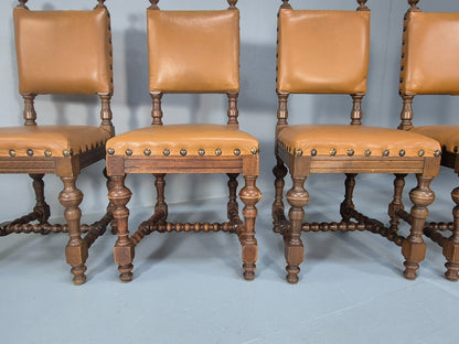 6 Vintage Danish Baroque Style Dining Chairs Oak and Tan Leather EB9649 VDIN - UKDK FURNITURE