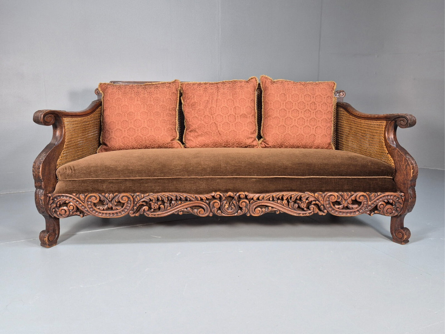 Vintage Danish 1920s Carved Oak Sofa Bergere Brown Velour Antique EB9544 V3SS - UKDK FURNITURE
