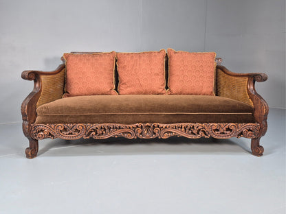 Vintage Danish 1920s Carved Oak Sofa Bergere Brown Velour Antique EB9544 V3SS - UKDK FURNITURE