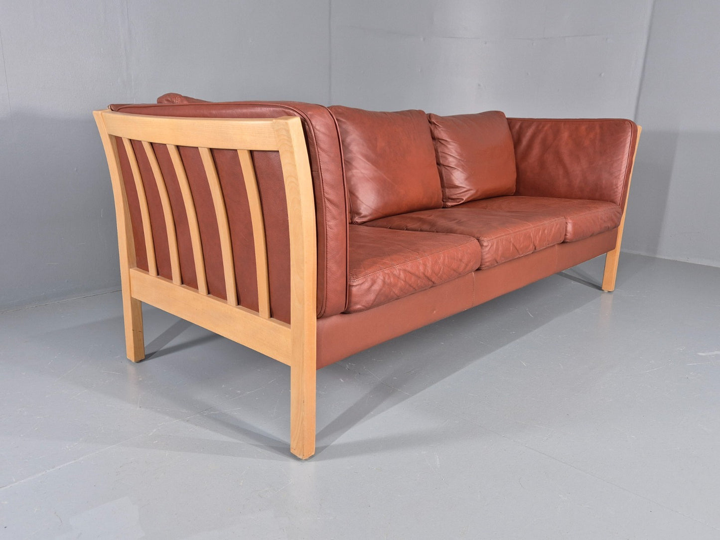 Vintage Stouby 3 Seat Sofa Reddy Brown Leather Beech Wood Slat EndsEB10525 M3SS12