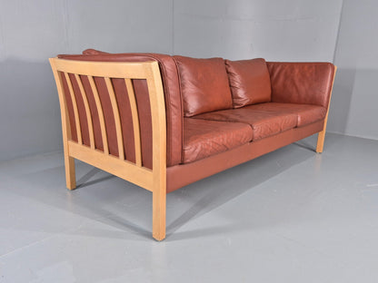 Vintage Stouby 3 Seat Sofa Reddy Brown Leather Beech Wood Slat EndsEB10525 M3SS12