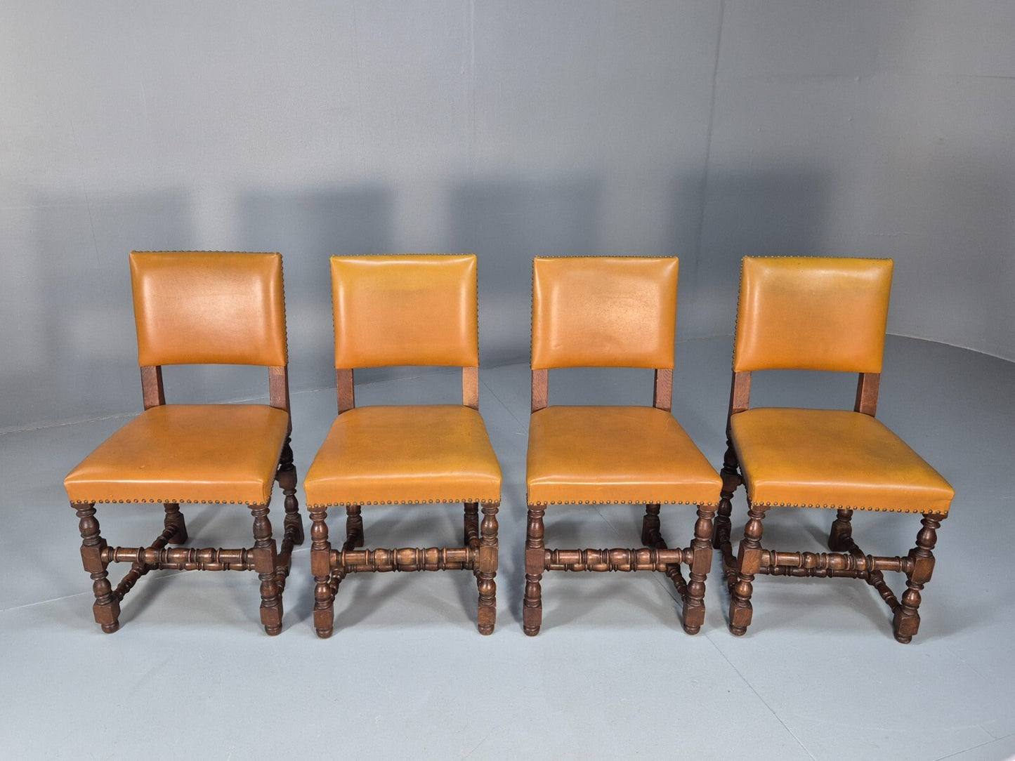Vintage Tan Leather Dining Chairs Oak Frames 1950s Danish Design EB9660 VDIN - UKDK FURNITURE