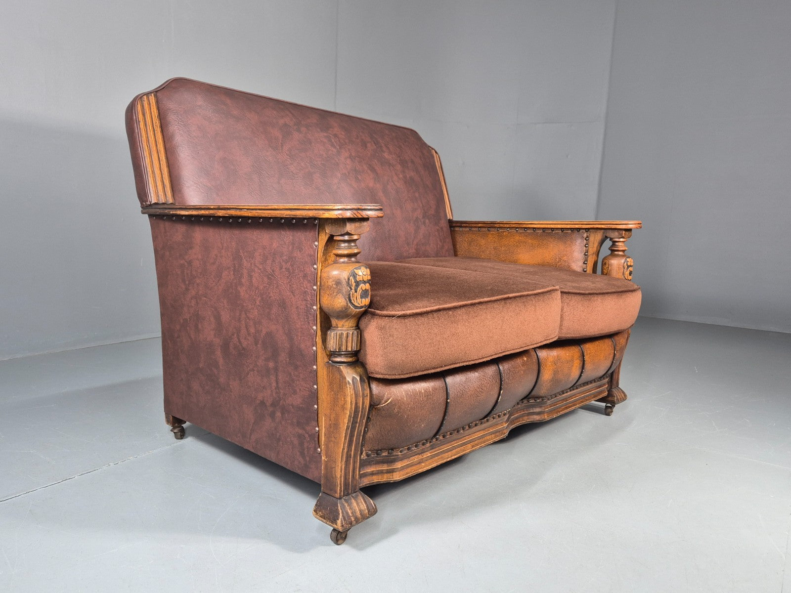 Two Seater Edwardian Sofa Baroque Oak Frame Rexine and Velour EB11265 V2SS1