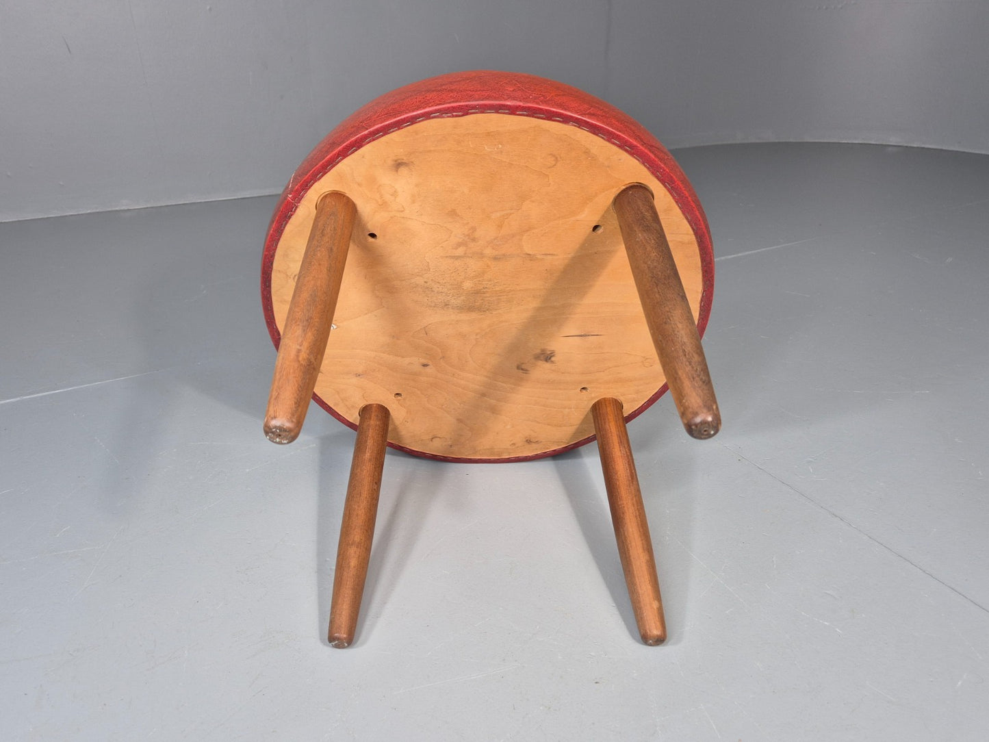 Mid Century Circular Footstool Red Vinyl Teak Legs 1960s Danish EB10882 MFOO7