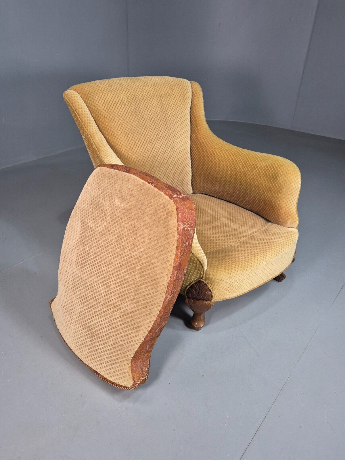 Antique Danish Gold Cotton & Mahogany Armchair EB8053 VCLO - UKDK FURNITURE