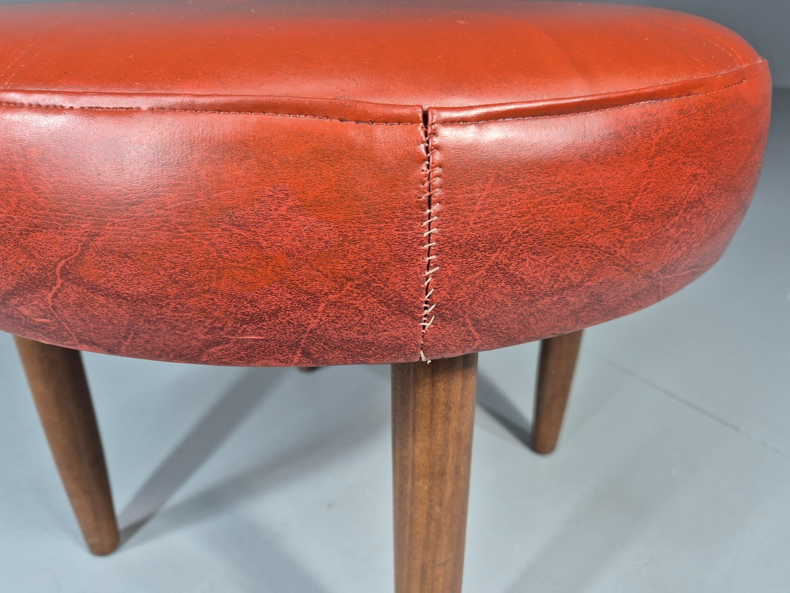 Mid Century Circular Footstool Red Vinyl Teak Legs 1960s Danish EB10882 MFOO11
