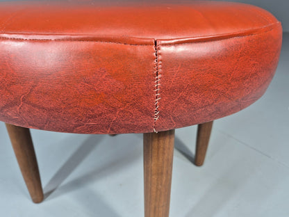 Mid Century Circular Footstool Red Vinyl Teak Legs 1960s Danish EB10882 MFOO11