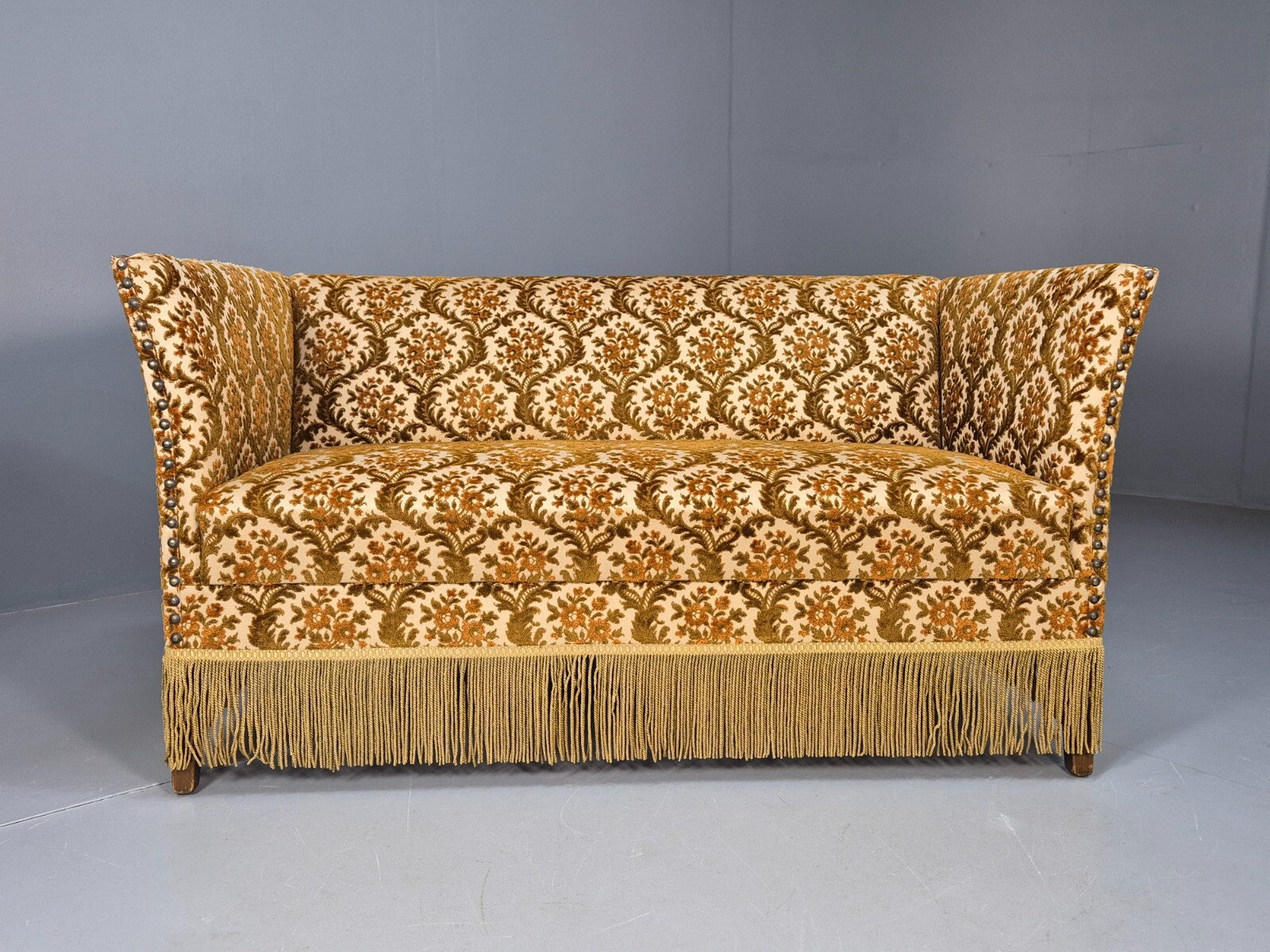 Vintage Danish 2 Seat Sofa Compact and Boxy Gold Moquette Tassels EB9588 V2SS - UKDK FURNITURE