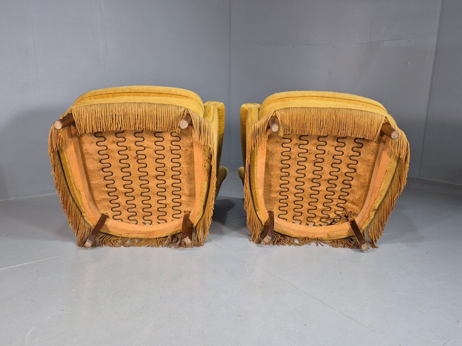 Pair Of Vintage Danish Gold Velour Armchairs Tassels Art Deco Style EB8068 VCLO - UKDK FURNITURE