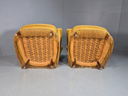 Pair Of Vintage Danish Gold Velour Armchairs Tassels Art Deco Style EB8068 VCLO - UKDK FURNITURE