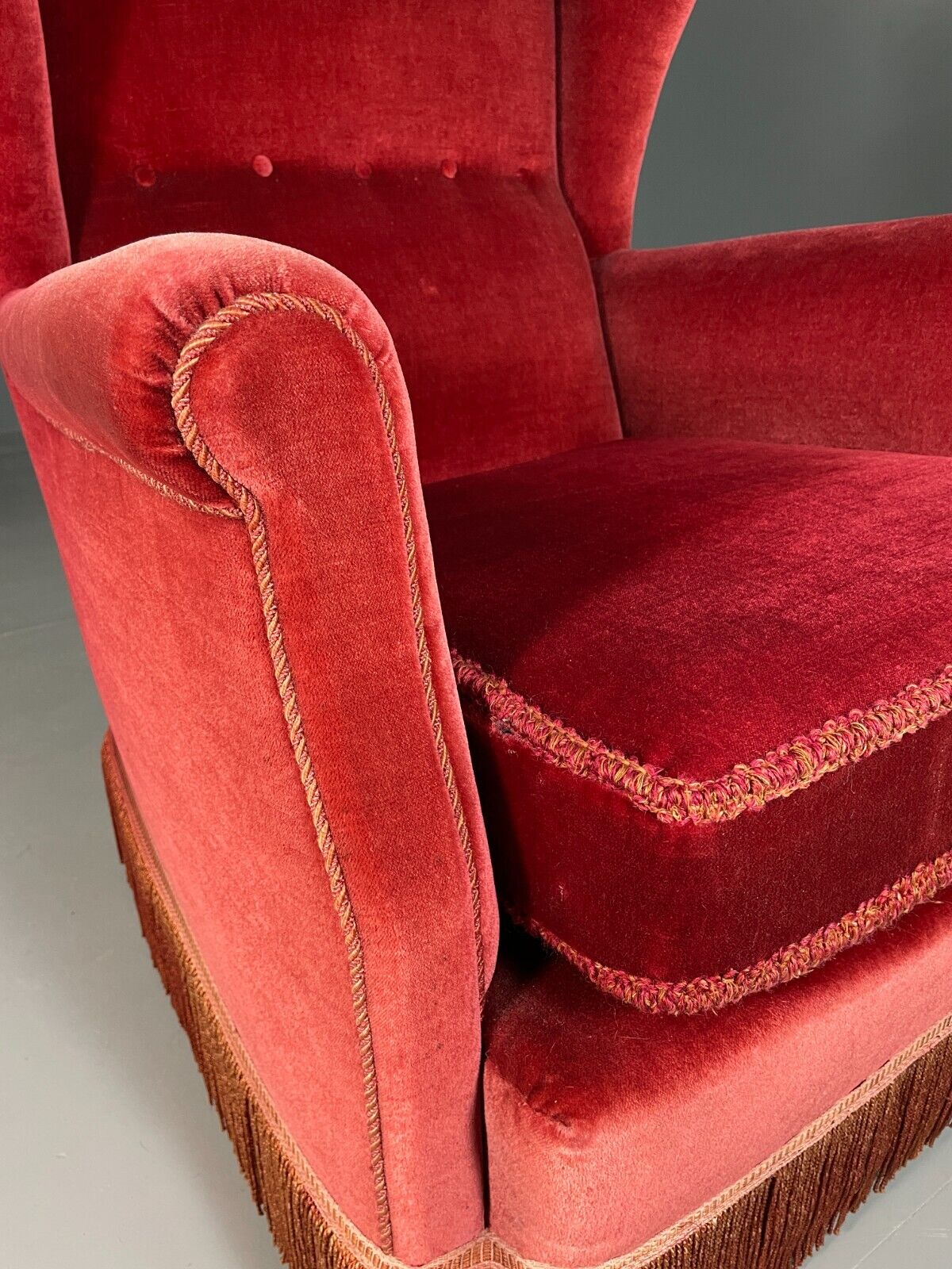 Vintage Danish Wingback Lounge Chair Red Velour Tassels 1940s Retro EB6450 VCLO - UKDK FURNITURE