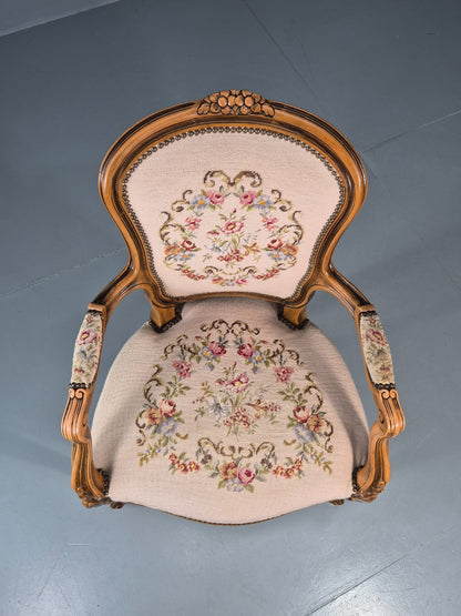 French Rococo Fauteuil Chair Floral Embroidered 1960s Retro EB10777 VDIN15