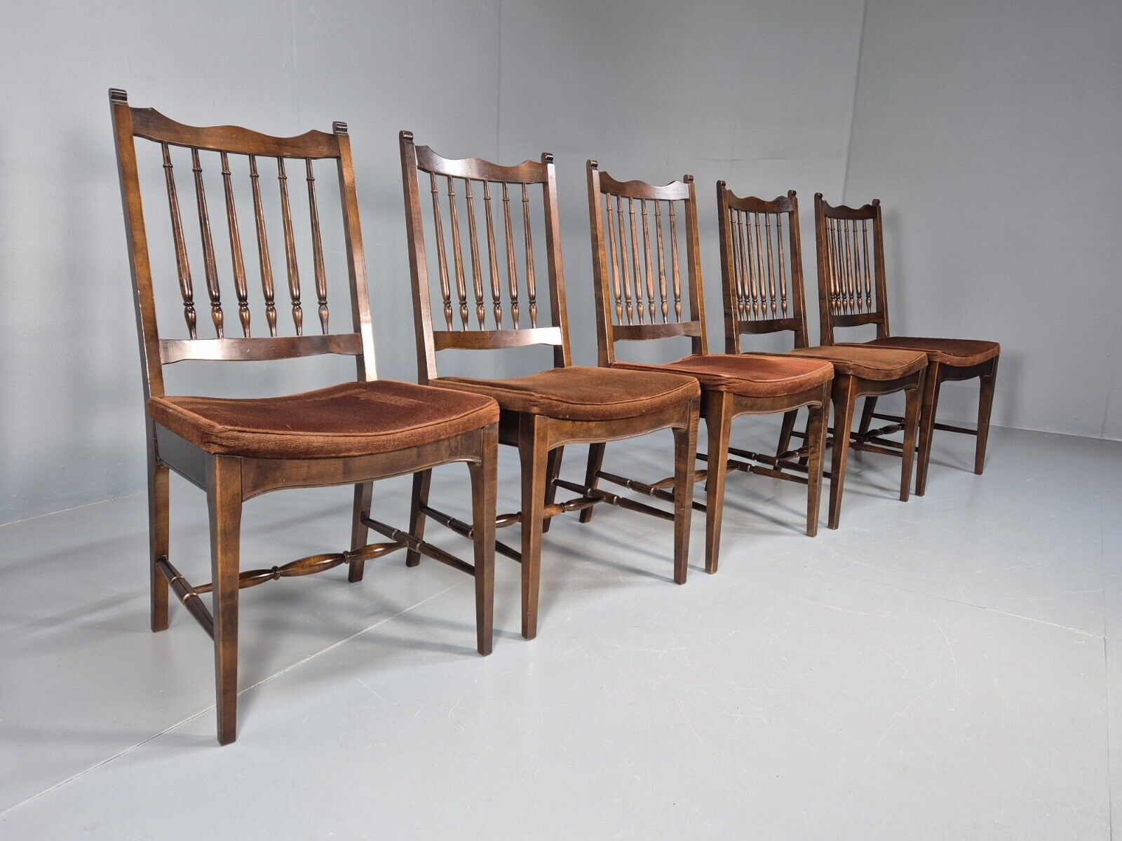 5 Vintage Dining Chairs Brown Velour Mahogany Stag 1970s Retro EB9148 VDIN - UKDK FURNITURE