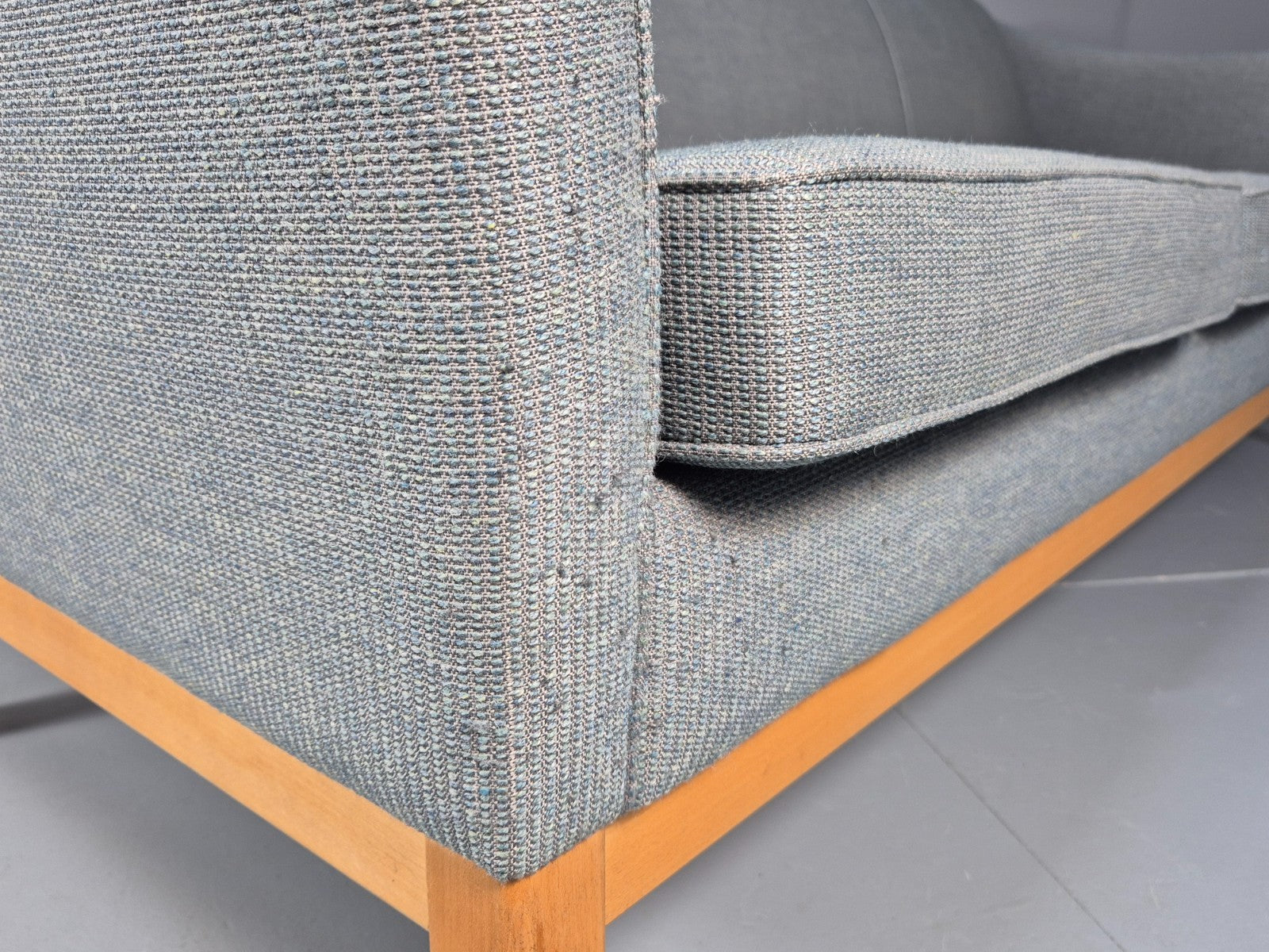 Mid Century Three Seater Sofa Blue wool Oak Base 1980s Retro  EB10398 M3SS12