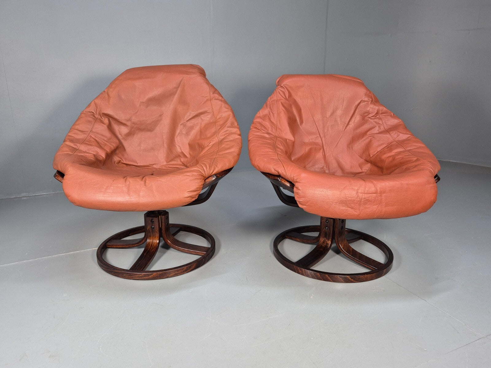 2 Vintage Danish Tan Leather Lounge Chairs Swivel Base MCM Retro EB9299 MSWI - UKDK FURNITURE