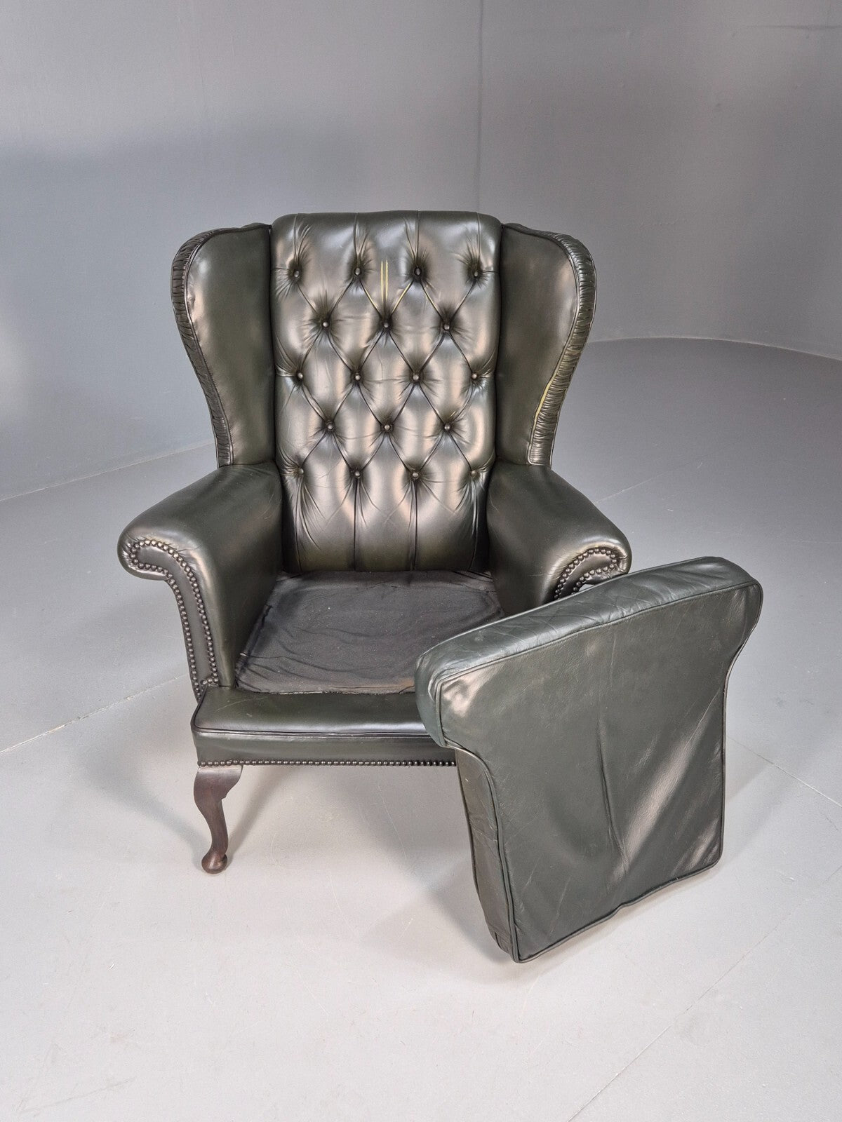 Vintage Chesterfield Armchair Green Leather Pleated Button Back EB9485 VLEA - UKDK FURNITURE