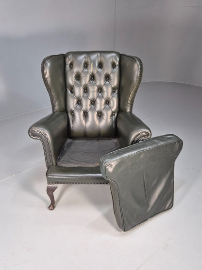 Vintage Chesterfield Armchair Green Leather Pleated Button Back EB9485 VLEA - UKDK FURNITURE