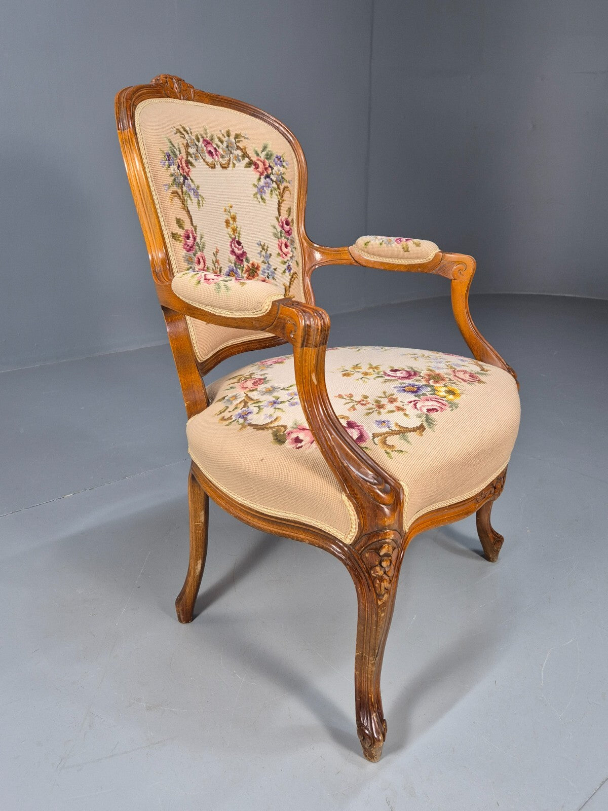 Vintage Armchair Embroidered Floral Pattern Louis XVI Style Beech EB9564 VCLO - UKDK FURNITURE
