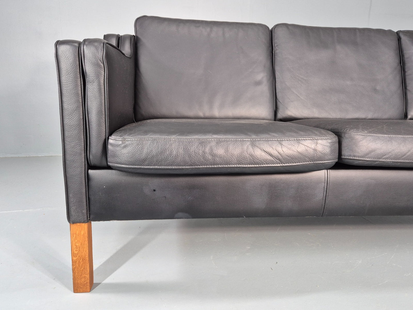 Vintage 3 Seat Sofa Danish Black Leather Vinyl Mid Century 1980s  EB10480 M3SS2