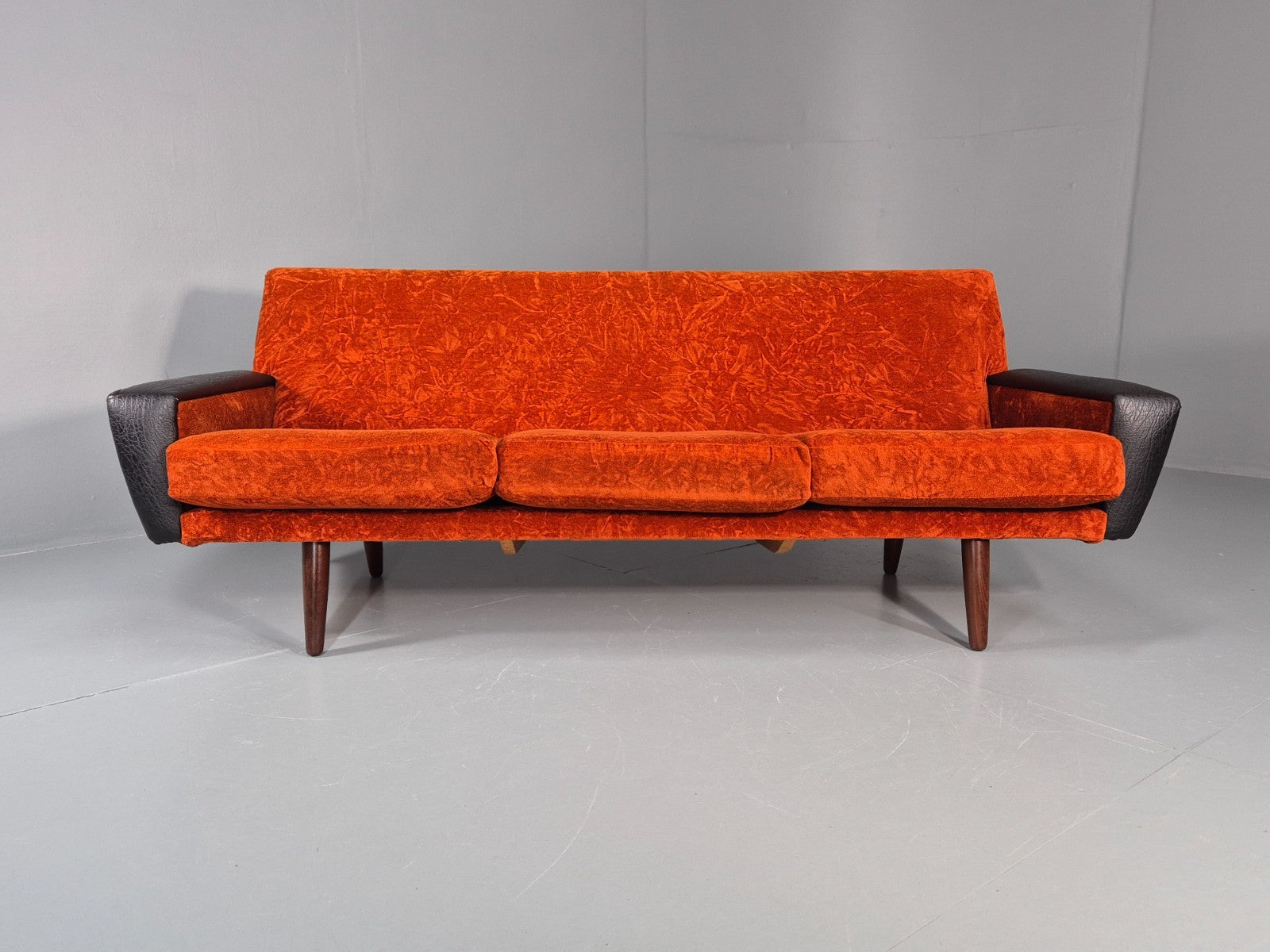 Vintage 3 Seater Sofa Vinyl Orange Velour 1960s Retro Mid Century EB11333 M3SS5